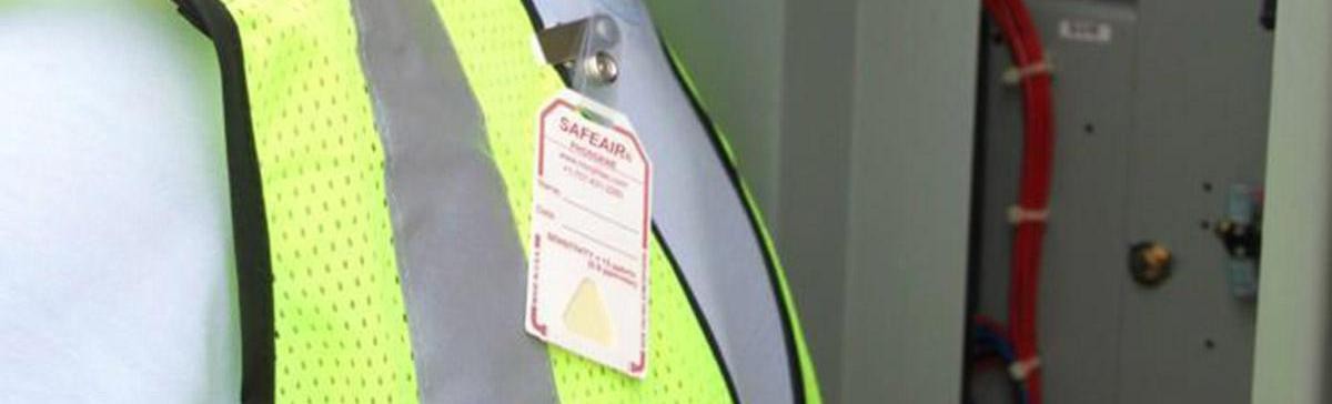 SafeAir chemical detection badges are a visual indication badge that alerts you with a color changing exclamation mark when there is a specific chemical hazard.