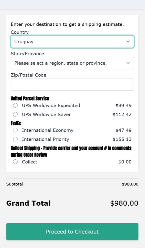 Shipping selection at checkout