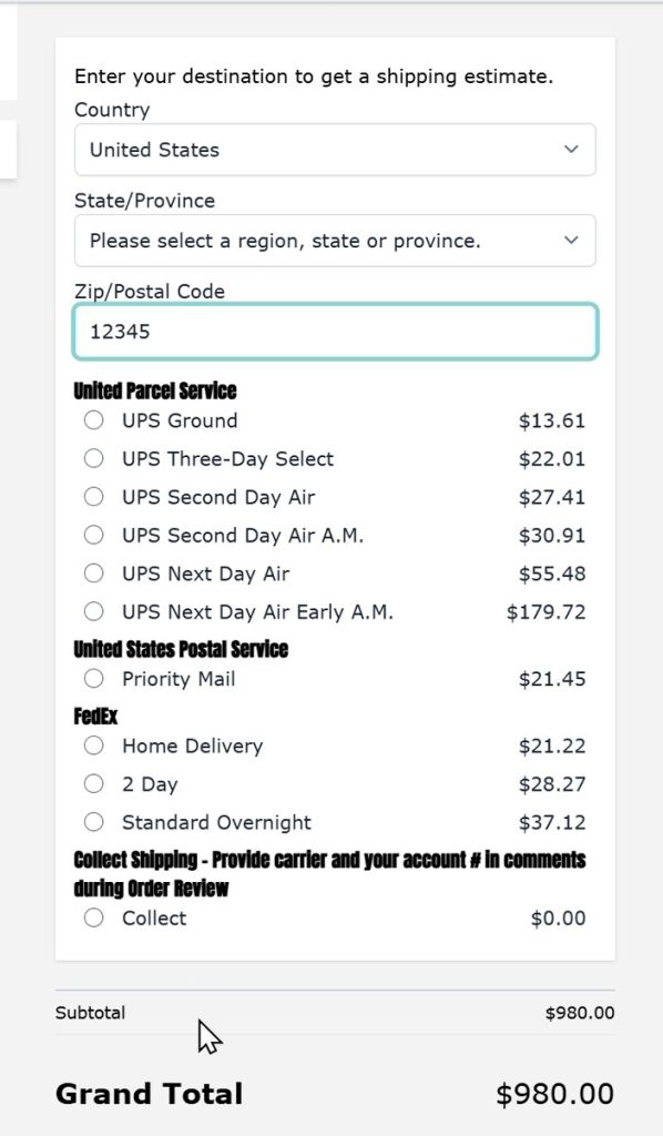 Shipping selection at checkout