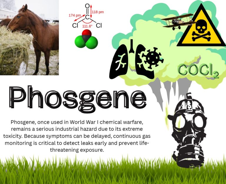 Phosgene; Phosgene, once used in World War I chemical warfare, remains a serious industrial hazard due to its extreme toxicity. Because symptoms can be delayed, continuous gas monitoring is critical to detect leaks early and prevent life-threatening exposure.