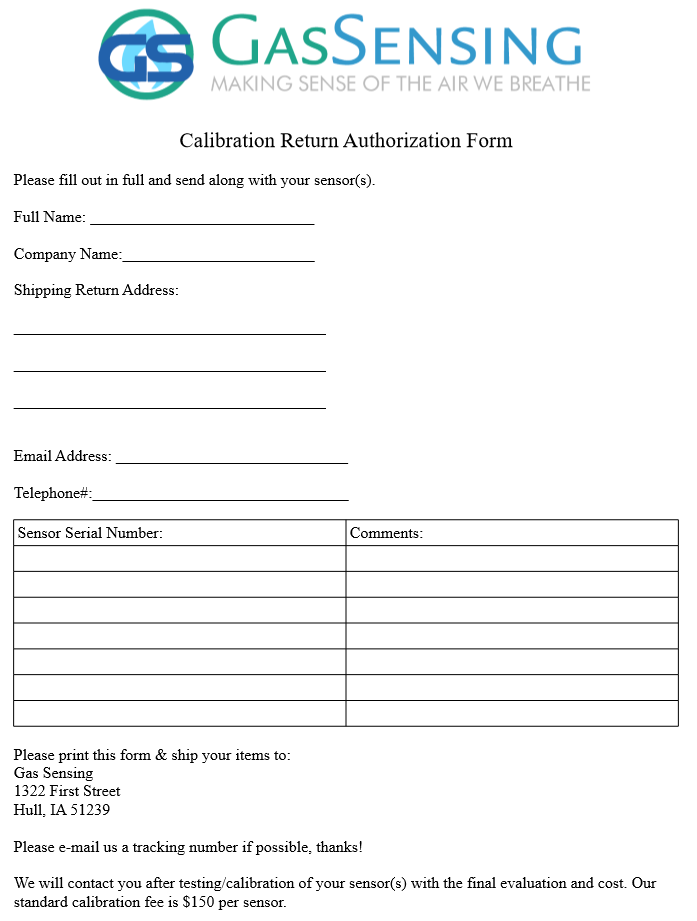 Gas Sensors Calibration Sensing Calibration Return Authorization Form