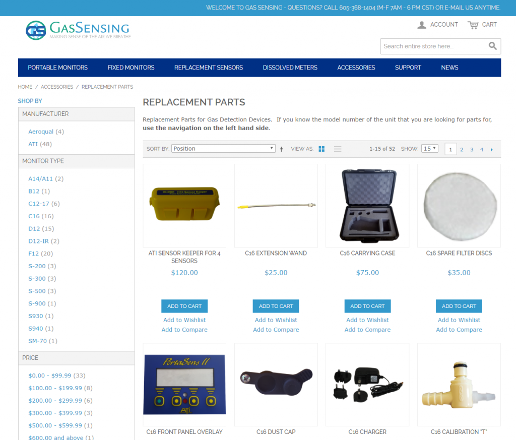 Gas Sensings Replacement Parts webpage